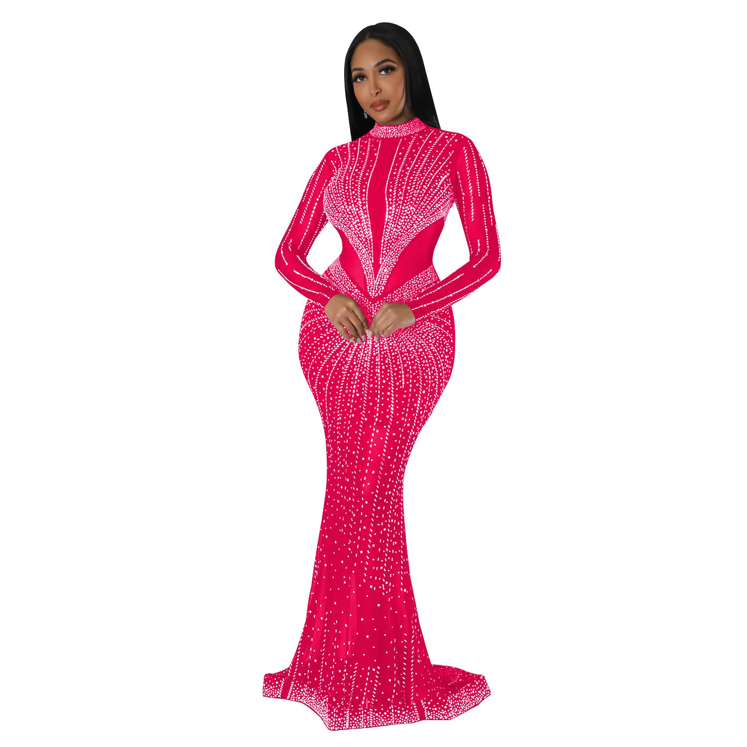 Women's Fashion Solid Color Mesh Beaded Long Sleeve Maxi Dress 14