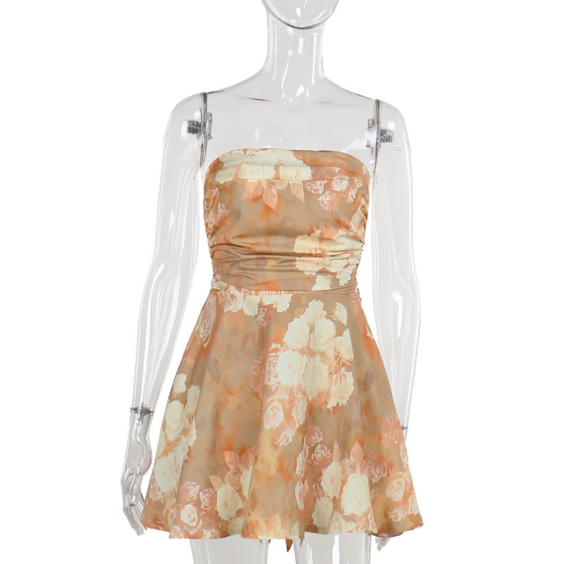 Women Summer Strapless Print Lace-Up Backless Gathered Dress 10