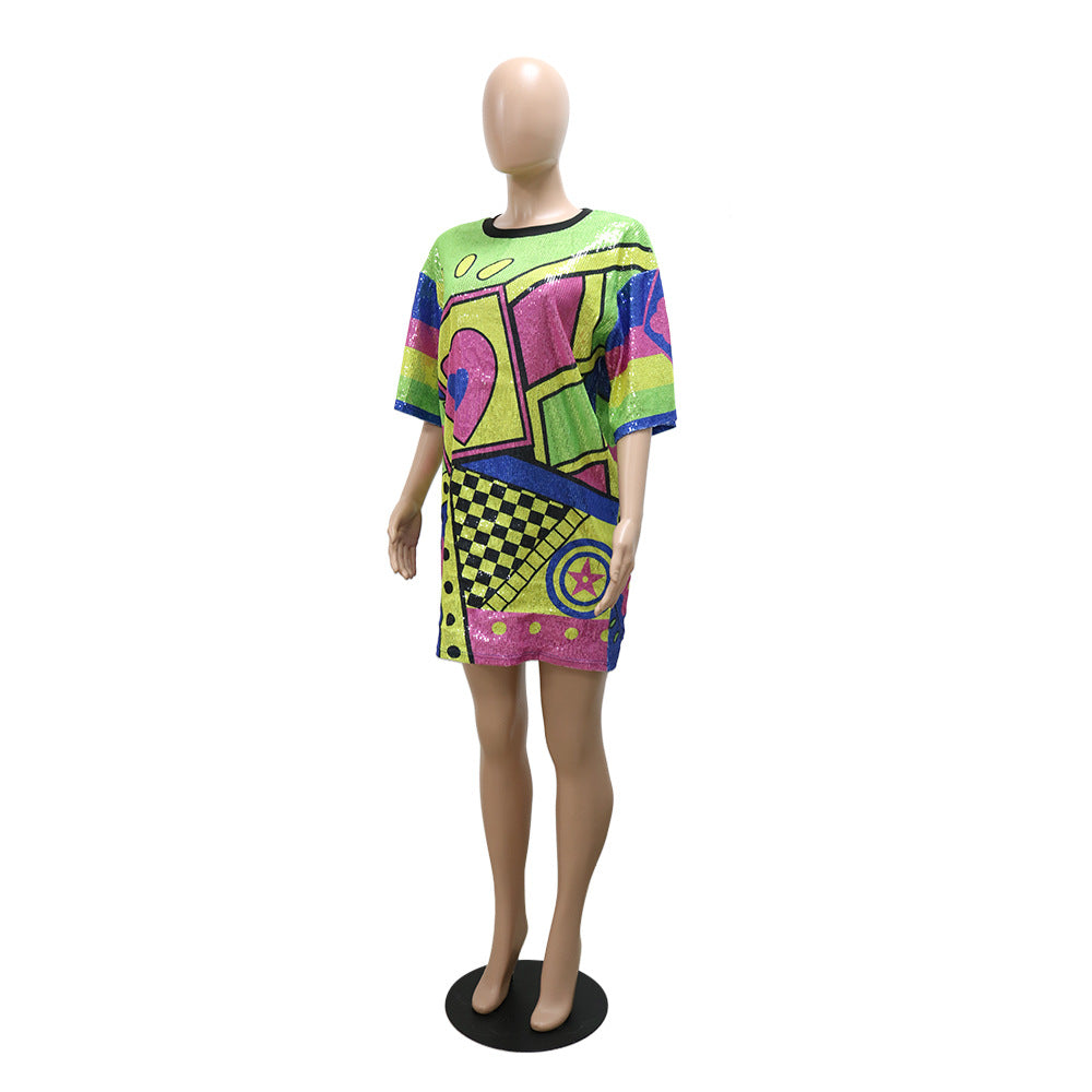 Trendy Round Neck Half Sleeve Loose Sequin Print Party Sequined Nightclub Style Women's Dress 19