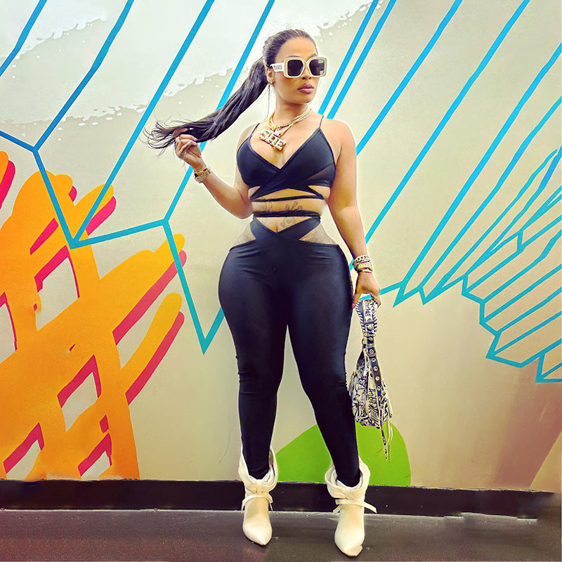 Women Summer Hollow Sexy Sleeveless Suspender Top and Pants 2-piece Set 3