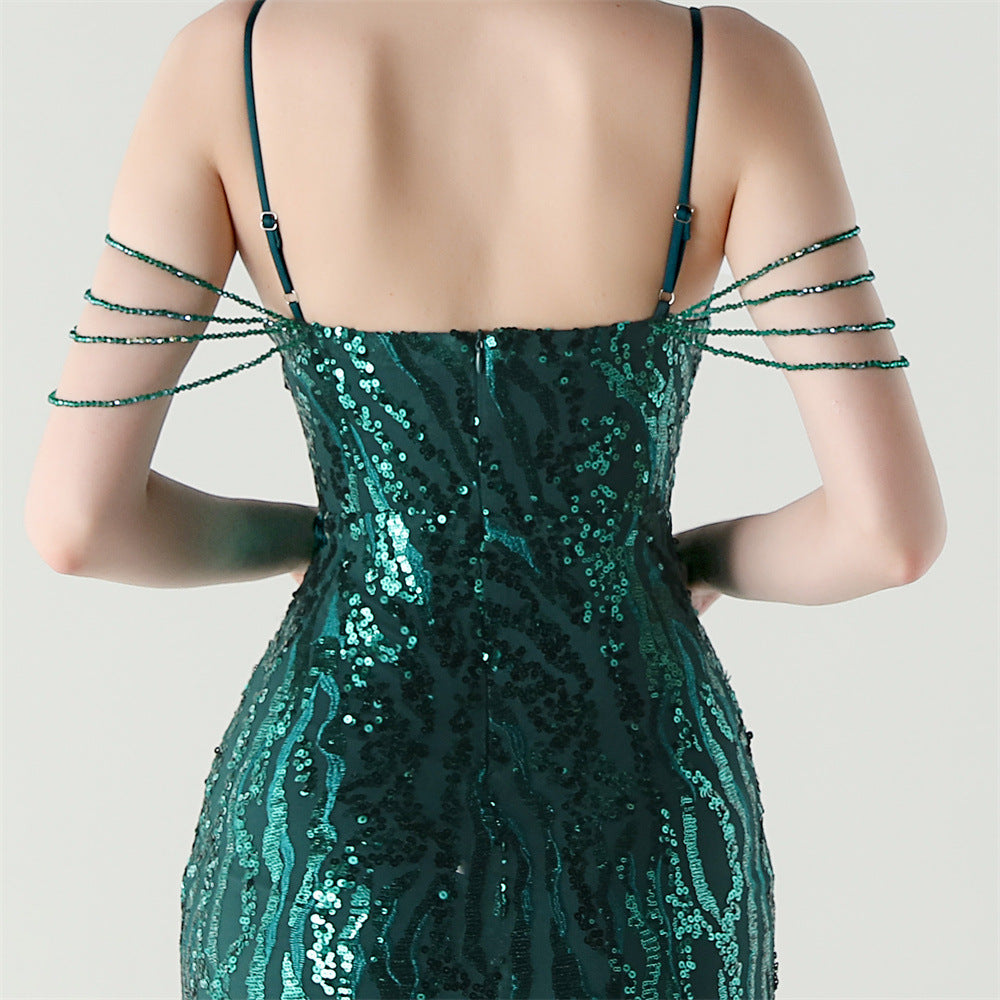 Women Backless Beaded Slit Party Evening Dress 20