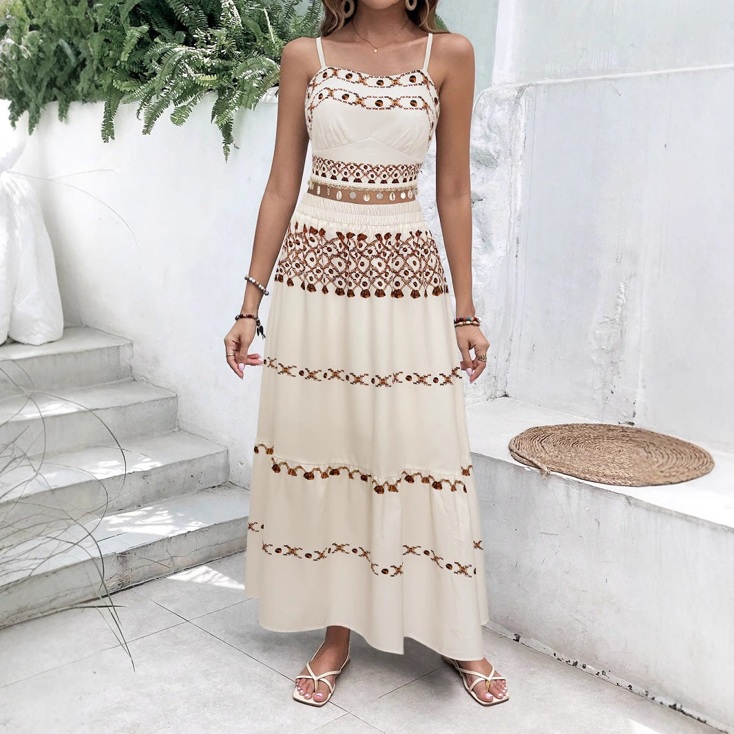 Women Bohemian Holidays Print Beach Tassel Ribbon Suspender Top and Skirt Two-piece Set 4