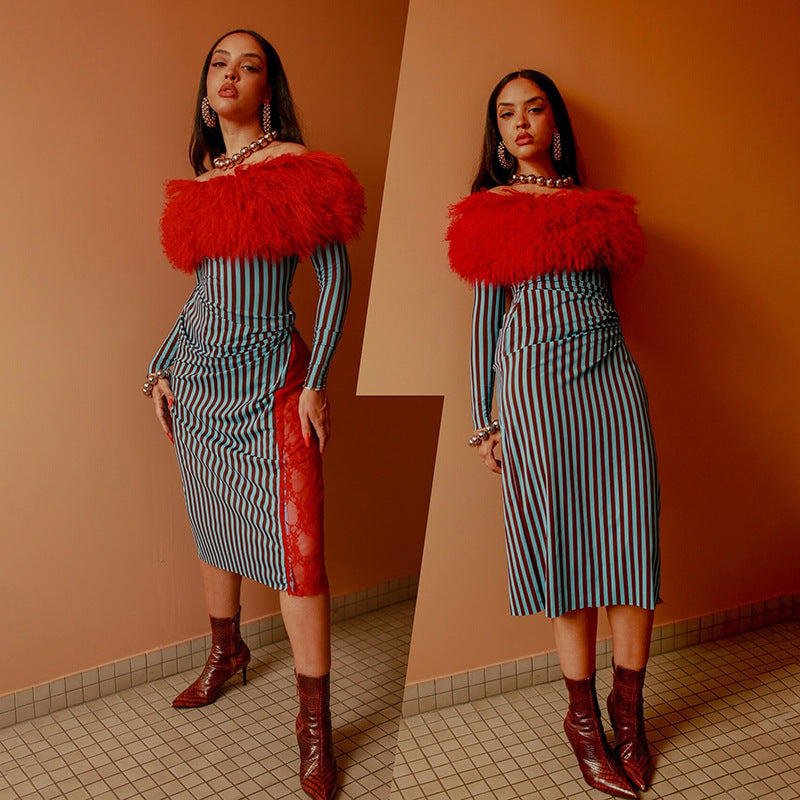 Autumn Winter Fashion Off Shoulder Trend Fur Patchwork Striped High Waist Slim Dress 3