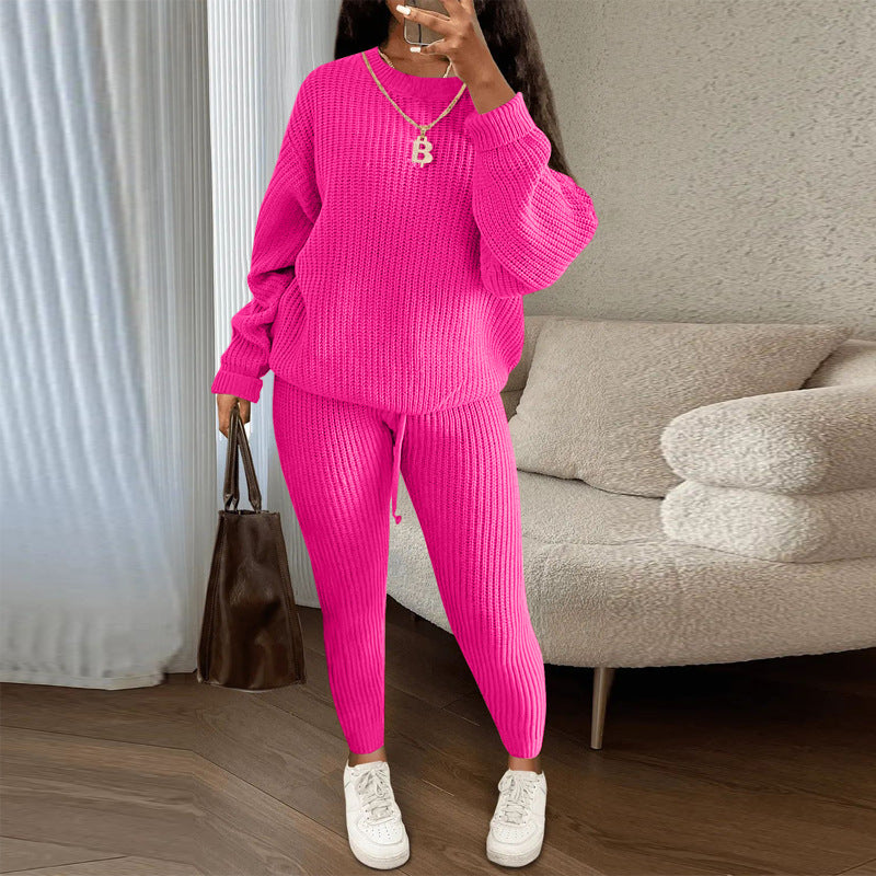 Fashion Casual Knitting Two Piece Pants Set Solid Long Sleeve Loose Sweater Trouser Suits Women's Clothing 33