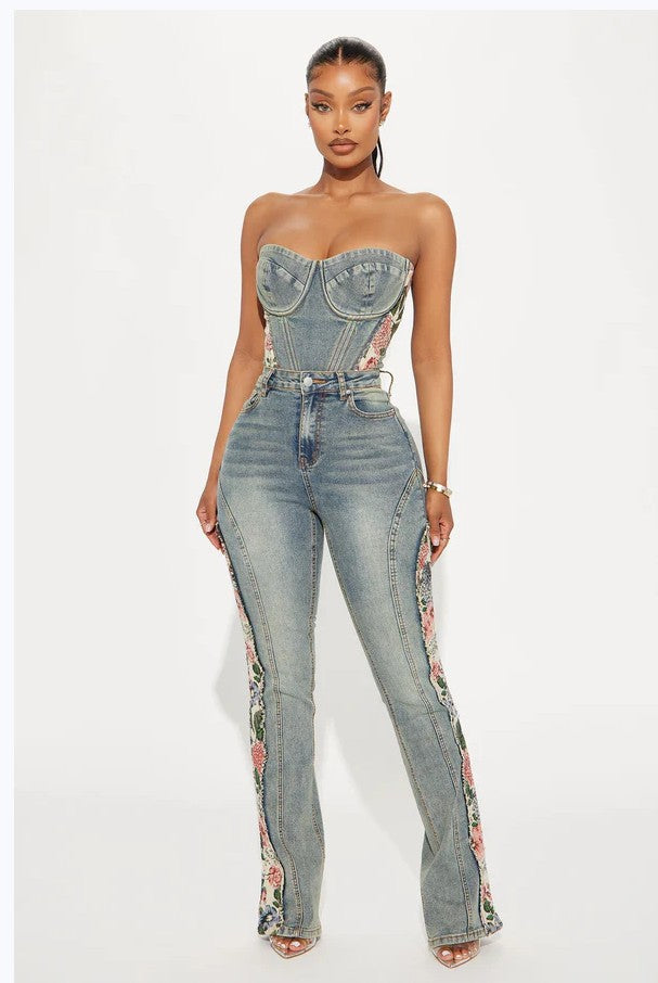 Patchwork Floral Denim Bell Bottom Pants 9