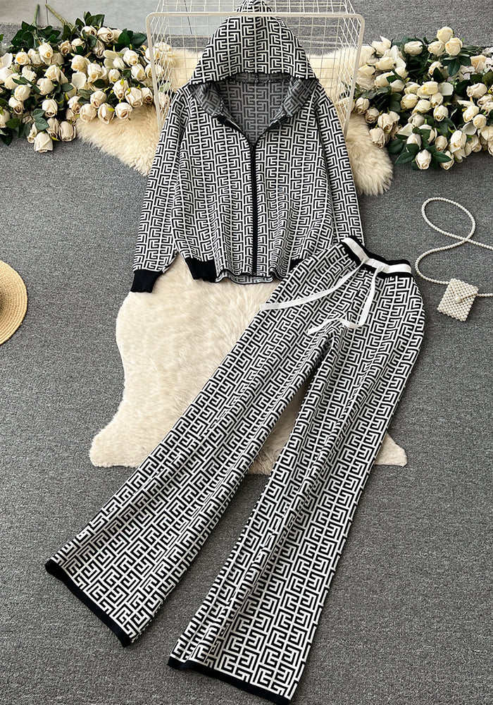 Women Casual Printed Long Sleeve Hooded Knitting Top + Wide Leg Pants Two-Piece Set