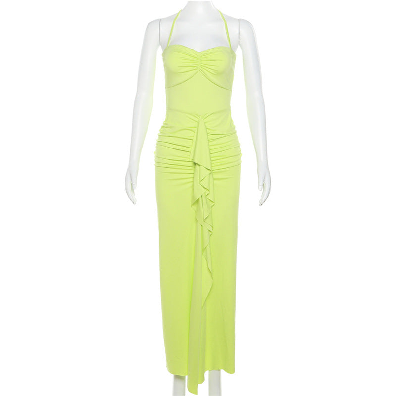 Women autumn and winter Halter Neck Off Shoulder Pleated slit dress 8