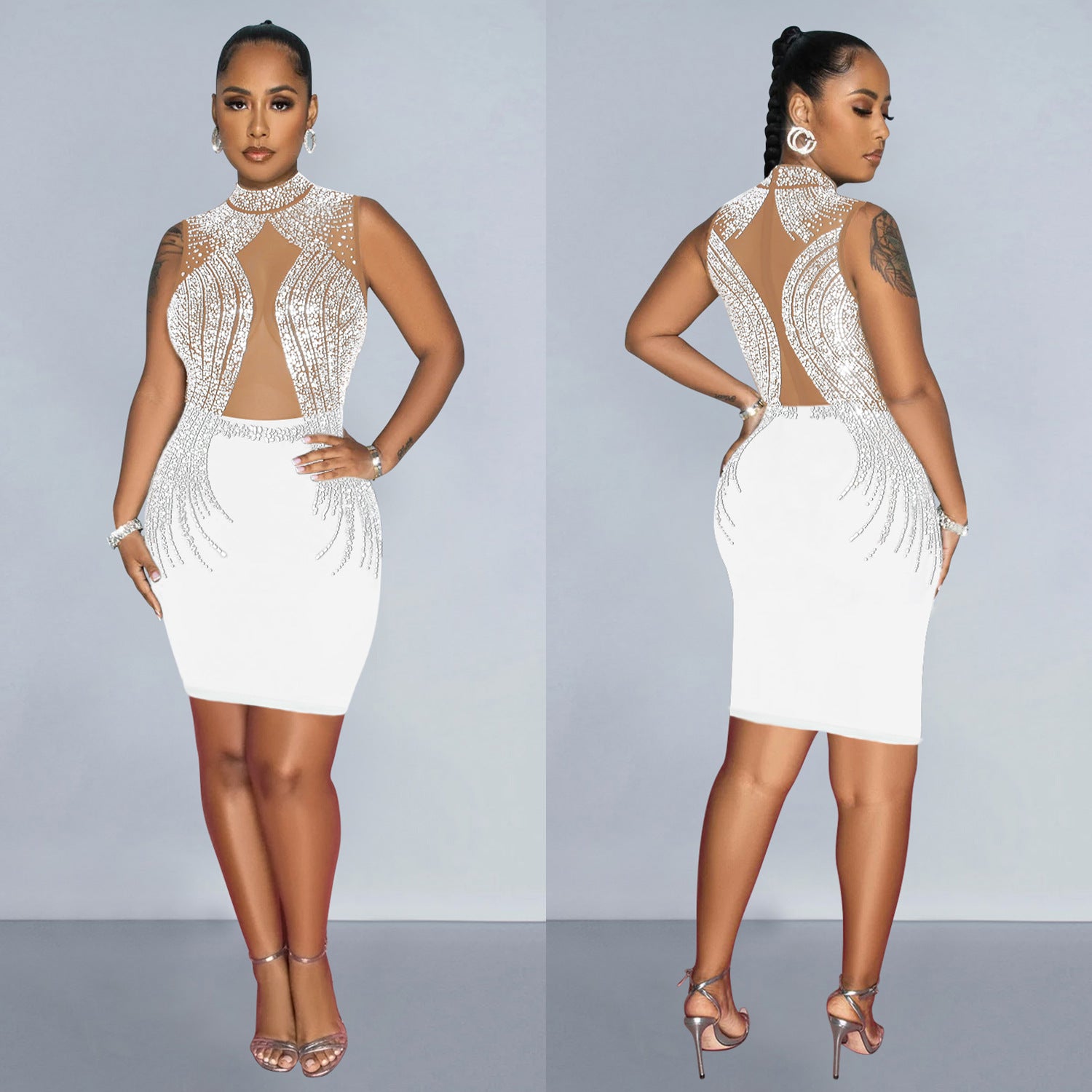 Women Contrast Color Mesh Beaded Bodycon Dress 4