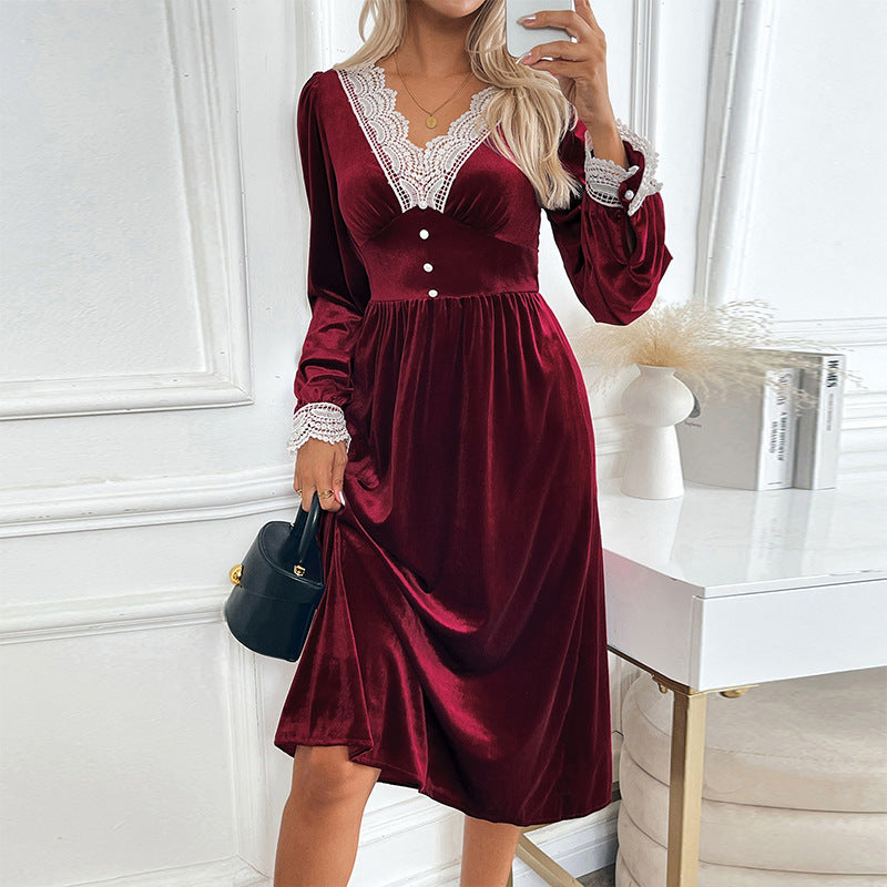 Women's Autumn Winter Contrasting Color Lace Velvet Patchwork Elegant Casual Dress