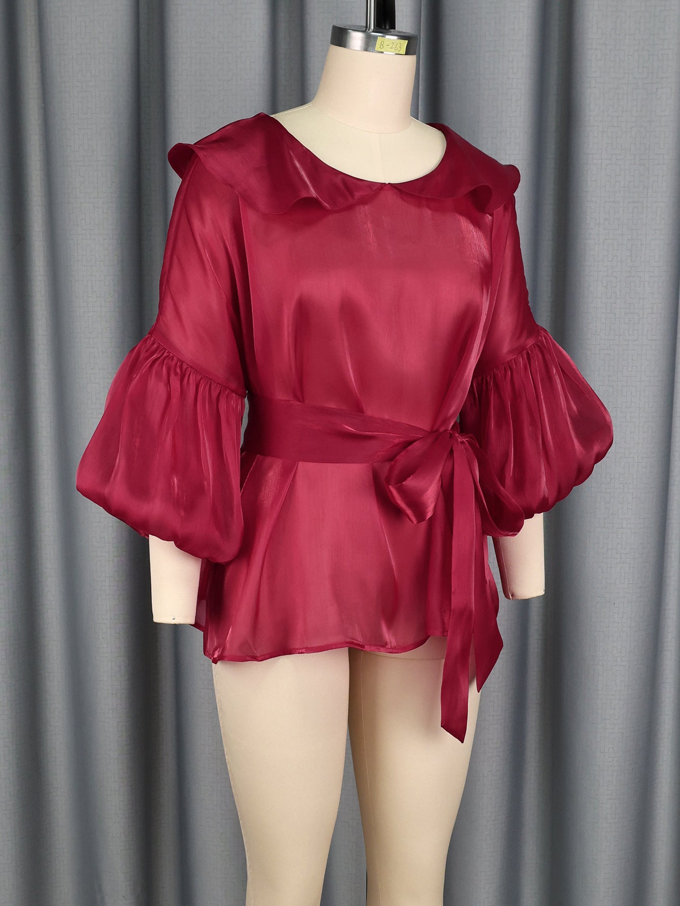 Peter Pan Collar Lantern Sleeve Bow Slim Waist Top Belly Cover Slim Fit Party Shirt 4