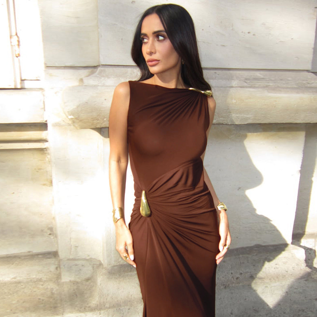 Women Fall Solid Metallic Sleeveless Sexy Slit Dress 8