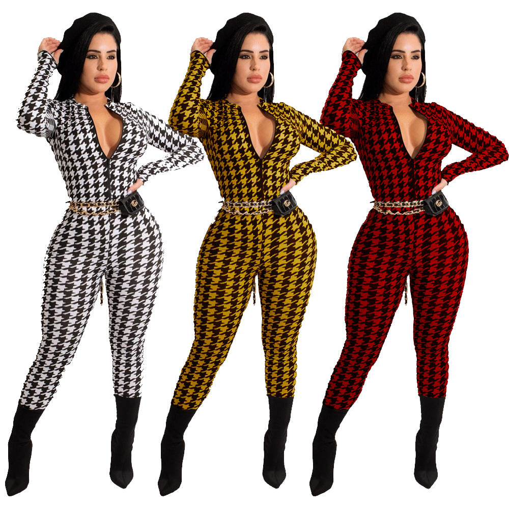 Spring Women's Plaid Print Round Neck Zipper Casual Jumpsuit 7