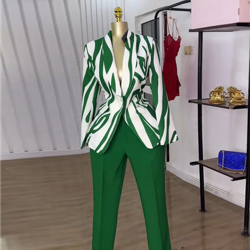 Women Summer Print Blazer and Straight Pants Casual Two-Piece Set 6