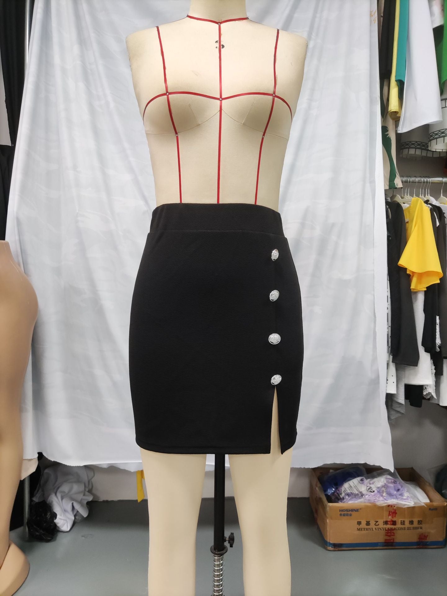 Women Button Side Slit Skirt 11