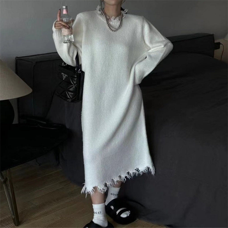 Long Ripped Raw Edge Knitting Dress Women's Autumn And Winter Loose Long Sleeve Basic Shirt 11