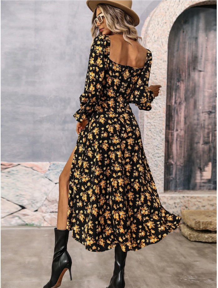 Autumn And Winter Women Printed Long Sleeve Low Back Bohemian Dress 7
