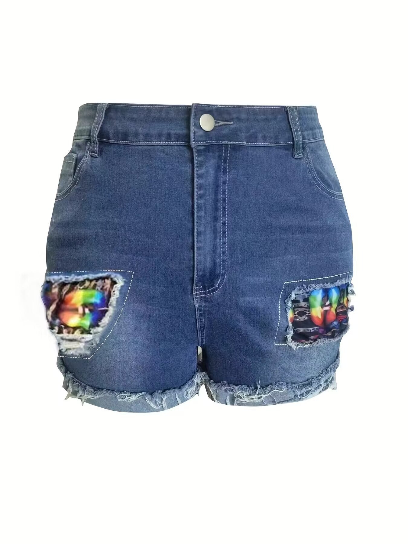 Summer Plus Size Elastic Patch Denim Shorts 4