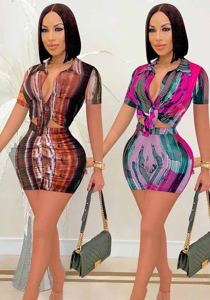 Trendy Print V-Neck Long-Sleeve Two-Piece Shorts Set