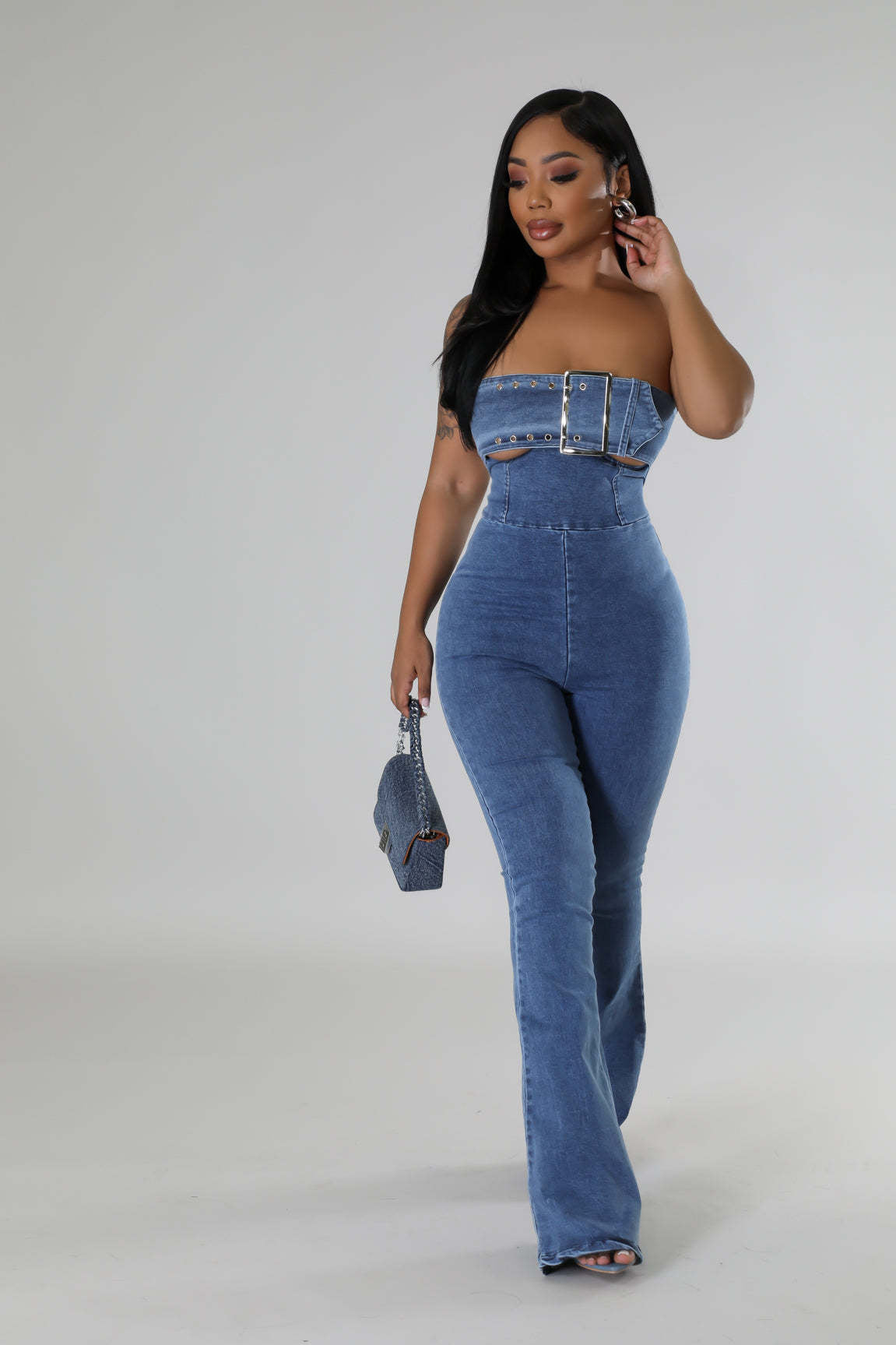 Women Casual Sexy Strapless Backless Adjustable Strap Denim Jumpsuit