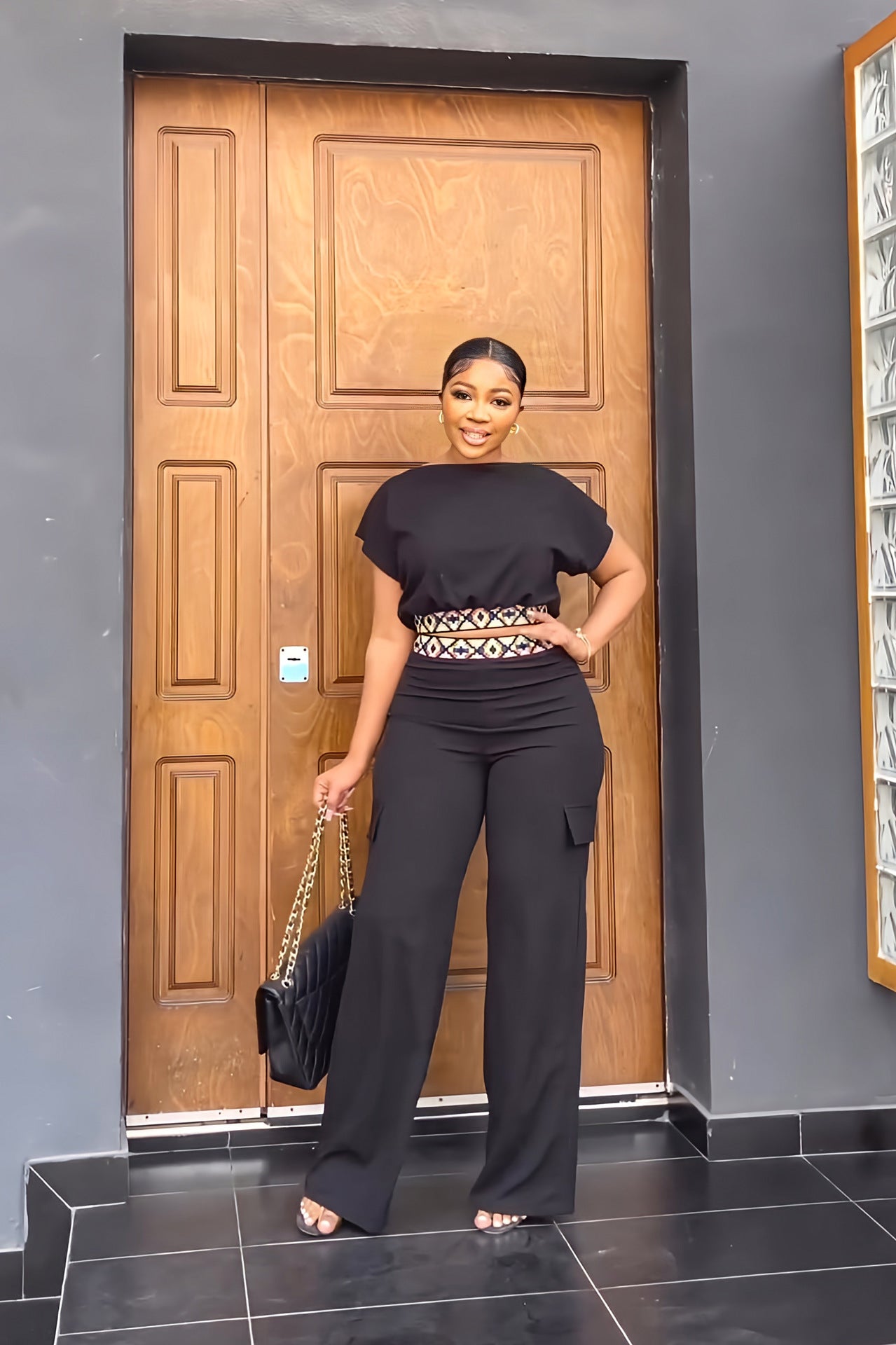 Casual Women's Short Sleeve Top Summer Solid Color Versatile Loose Straight Leg Trousers Two-Piece Set