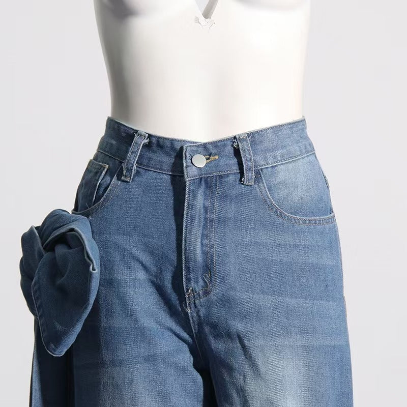 Women Spring Patchwork Bow Denim Wide Leg Pants 8