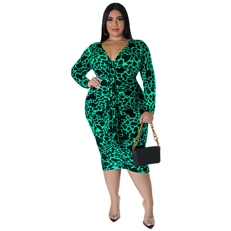 Plus Size Women Sexy Leopard Multicolor Long Sleeve Bodycon Dress 14