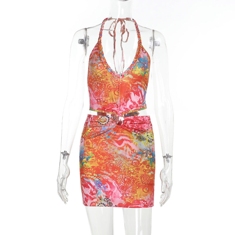 Women summer sexy printed hollow Halter Neck Bodycon dress 6