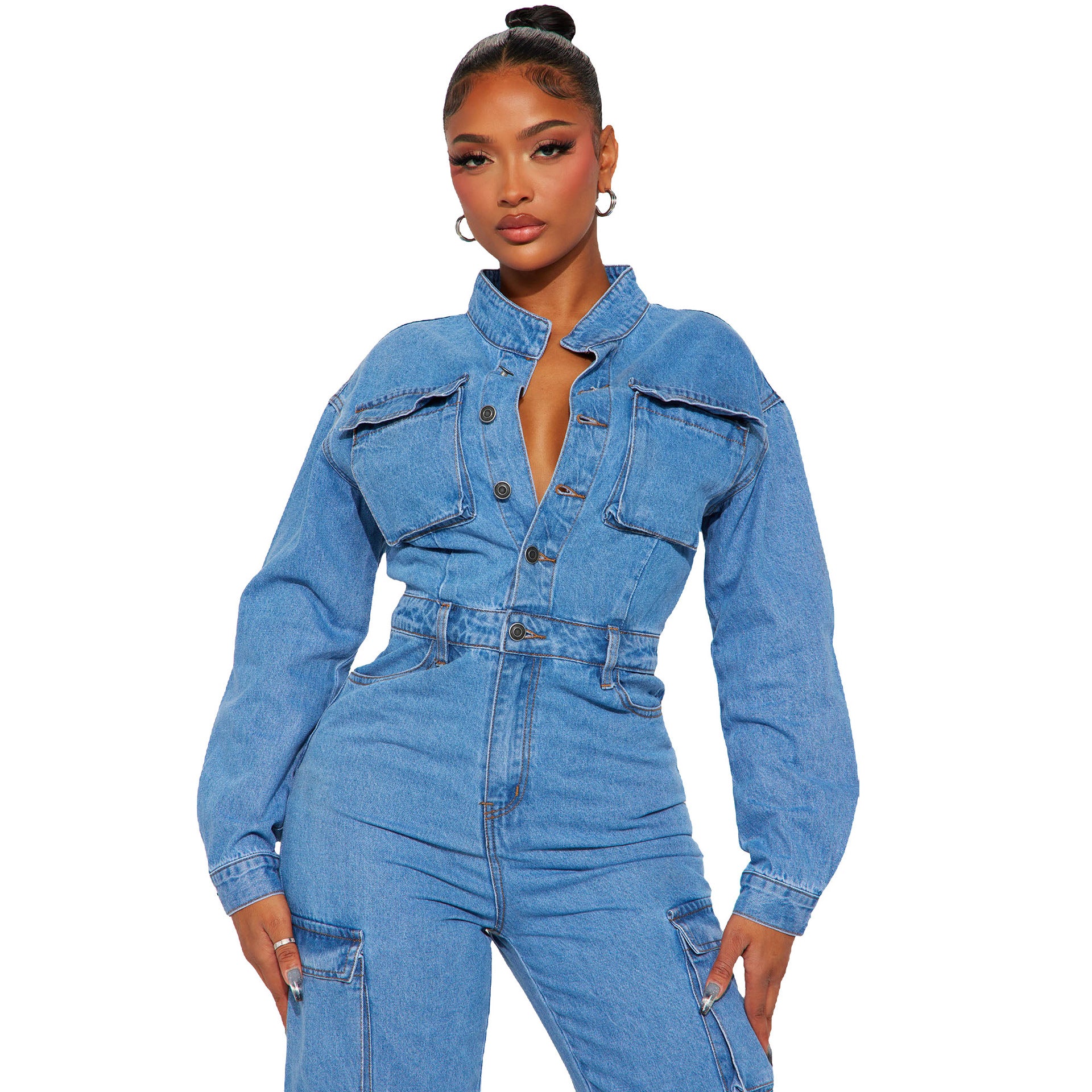 Spring Long Sleeve Pocket Washed Denim Cargo Jumpsuit 4