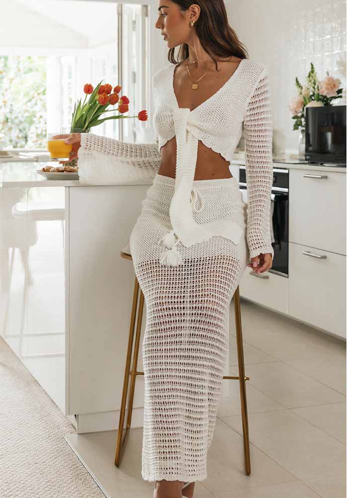 Sexy Lace-Up V-Neck Long Sleeve Top Hollow Skirt Knitting Two-Piece Sest