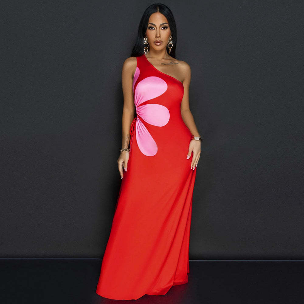 Women Slash Shoulder Hollow Printed Slim Sexy Long Dress 4