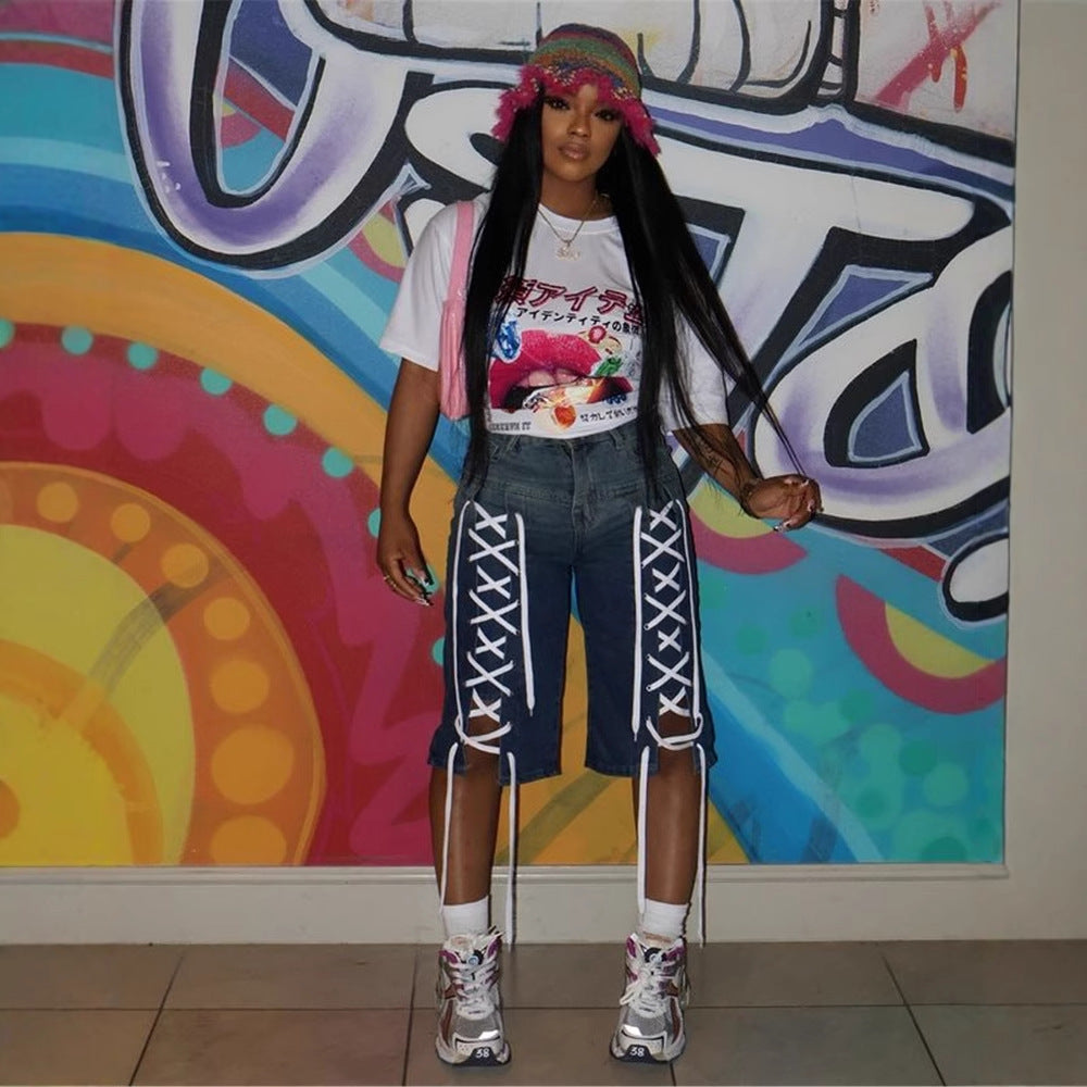 Women Retro Lace-Up Street Stretchy Washed Denim Shorts 5