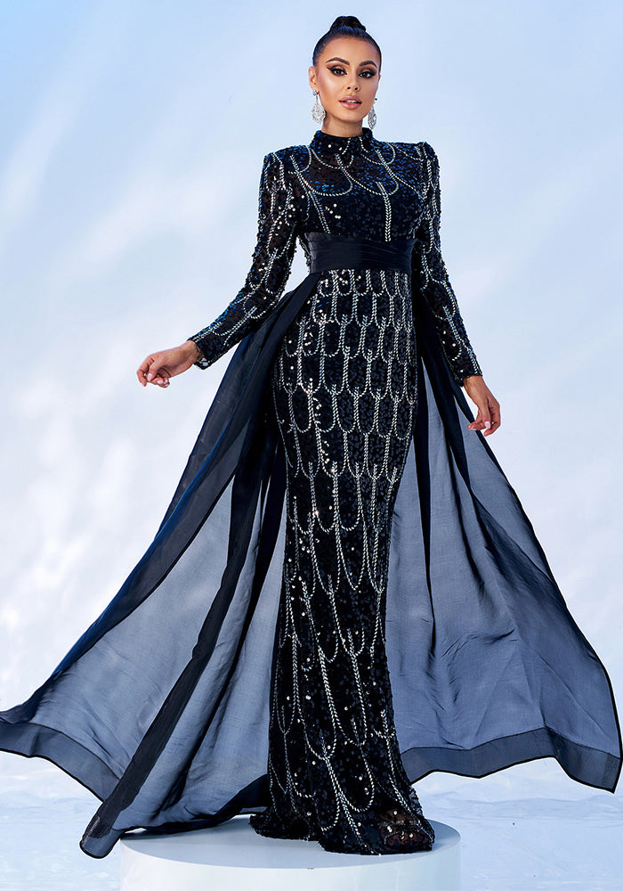 Women Long Sleeve Round Neck Sequined Formal Party Cape Maxi Fishtail Evening Dress
