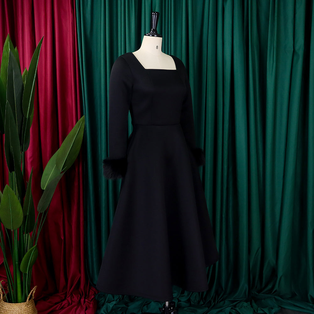 Winter Chic Elegant Fur Decorated Long Sleeve A-Line African Party Dress 40