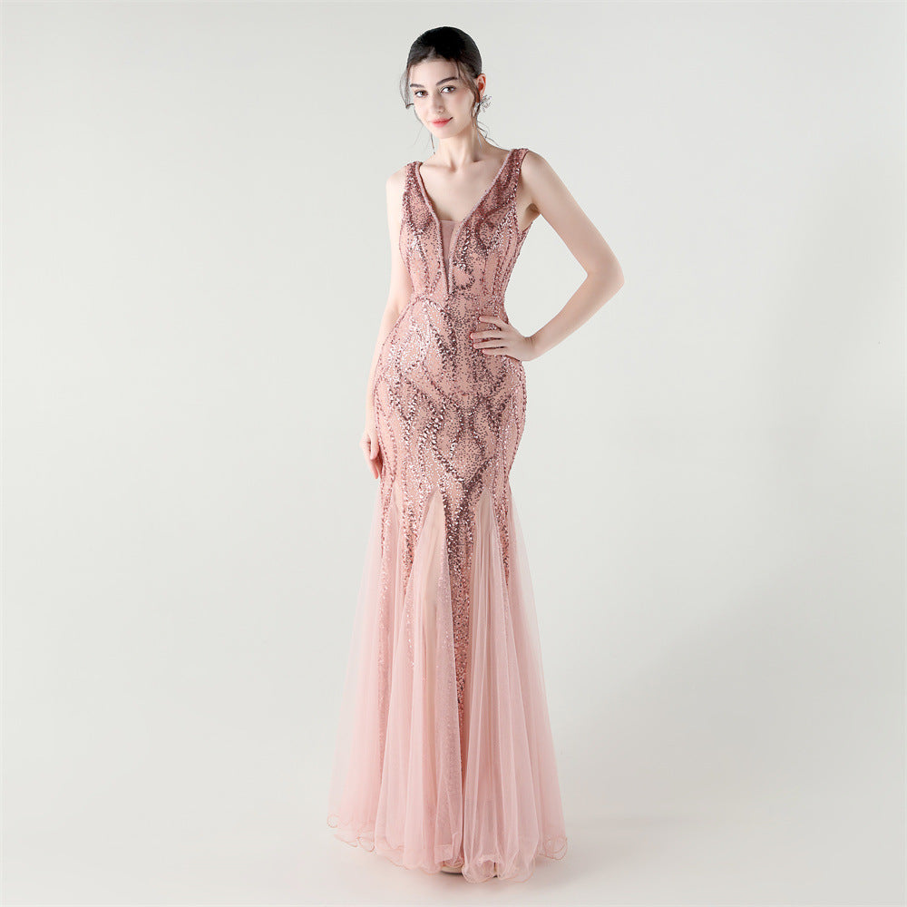 Deep V Fishtail Sequin Mesh Formal Party Evening Dress 25