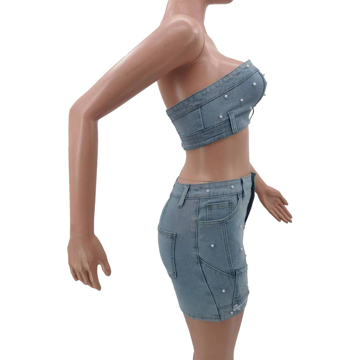 Fashionable Women's Clothing Beaded Strapless Stretch Denim Two Piece Skirt Set 8