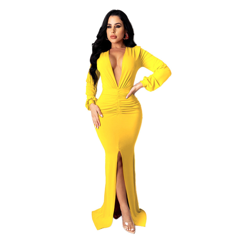 Women Solid V-neck Sexy Slit Long Sleeve Dress 4