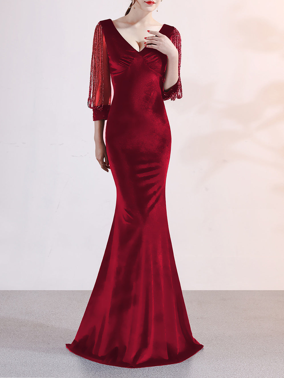 sexy velvet crystal diamond chain bride clothing winter long-sleeved mermaid long evening dress 6