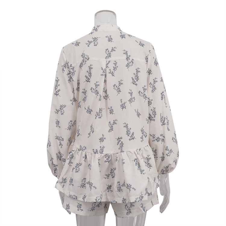 Puff Sleeve Ruffled Puff Shirt Printed Shorts Two Piece Set 7