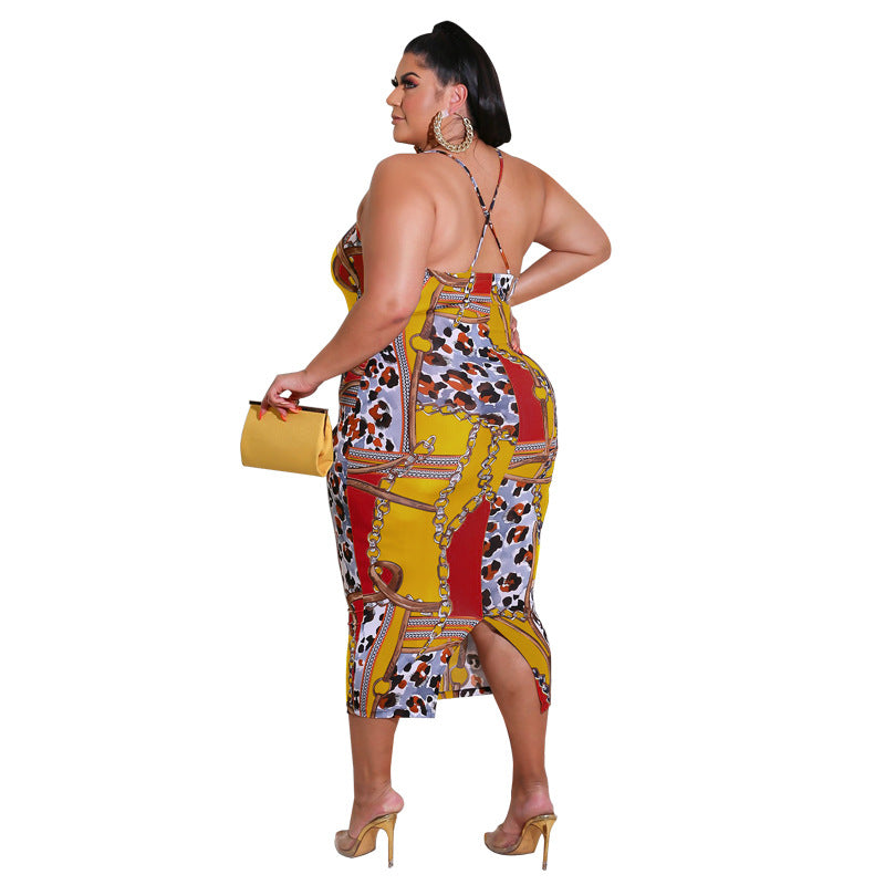 Plus Size Women Summer Print Backless Strap Dress 7