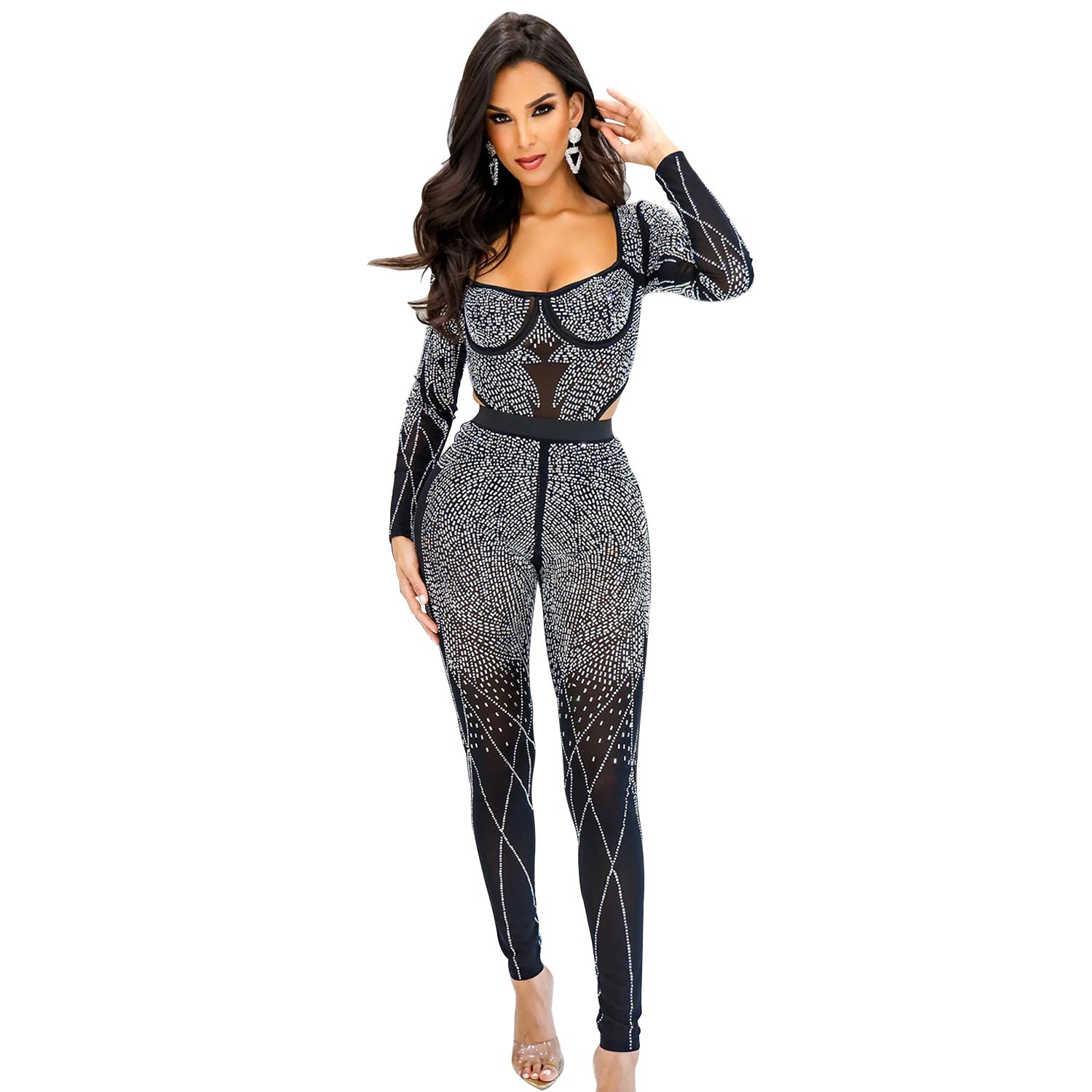 Ladies' Fashion Solid Mesh Beaded Long Sleeve Jumpsuit 10