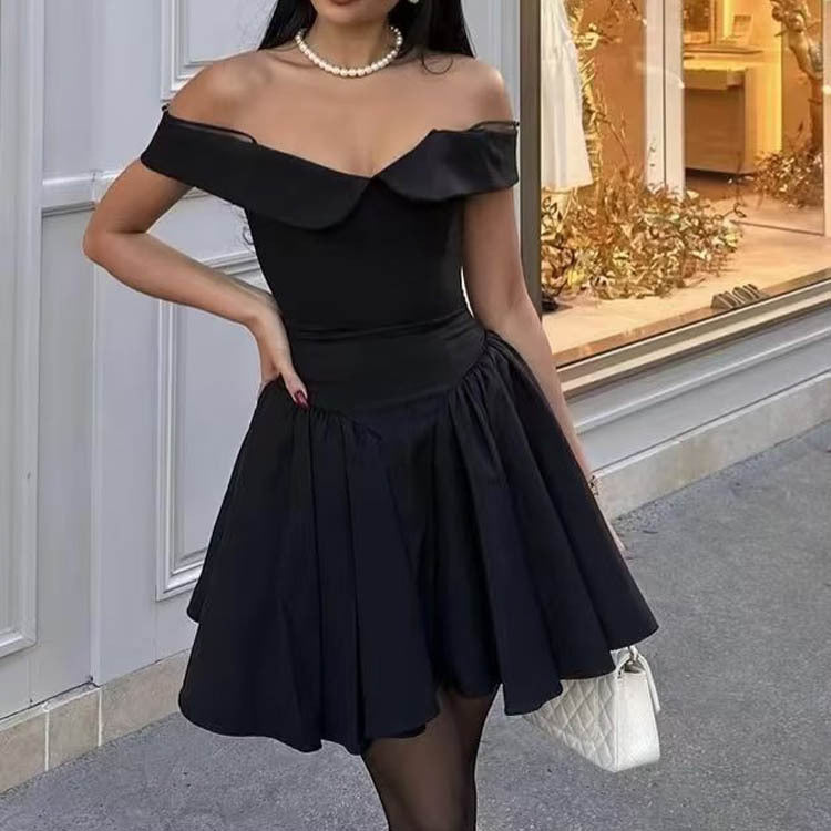 Winter Off Shoulder Slim Waist Solid Color Sexy Short Dress 4