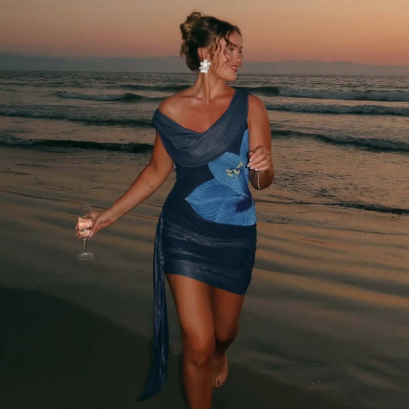 Women Sexy Backless Swing Neck Printed Side Ribbon Bodycon Dress 12