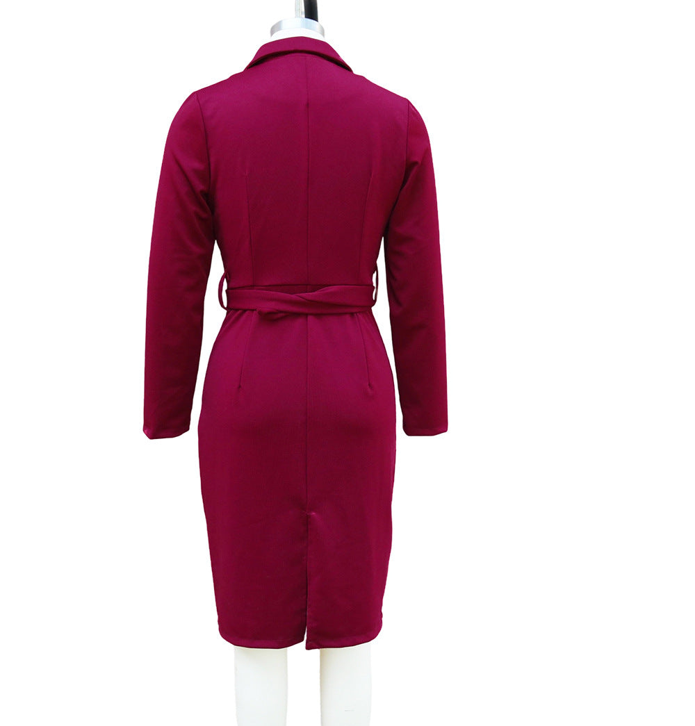 Women's Autumn Chic Turndown Collar High-Waisted Belted Office Dress 10