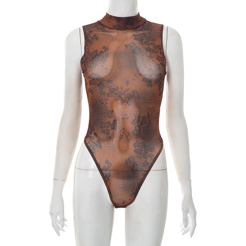 Women's Leopard Print Mesh High-Neck Sleeveless Bodysuit with Diagonal Waist Skirt Set 4