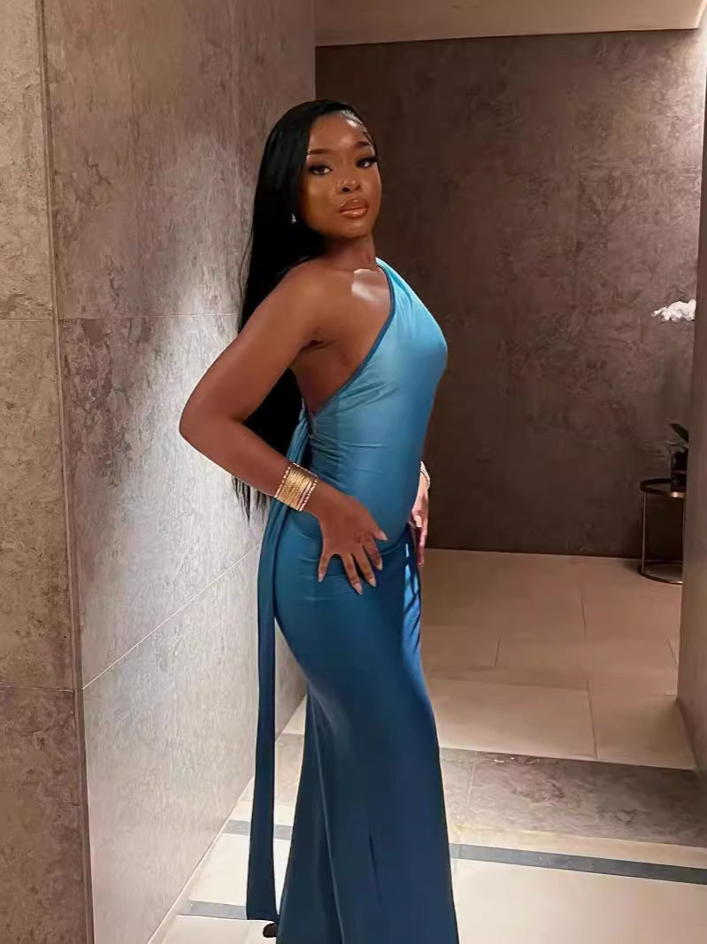 Women's Summer Sleeveless Slash Shoulder Gradient Color Sexy Slim Bodycon Long Dress 4