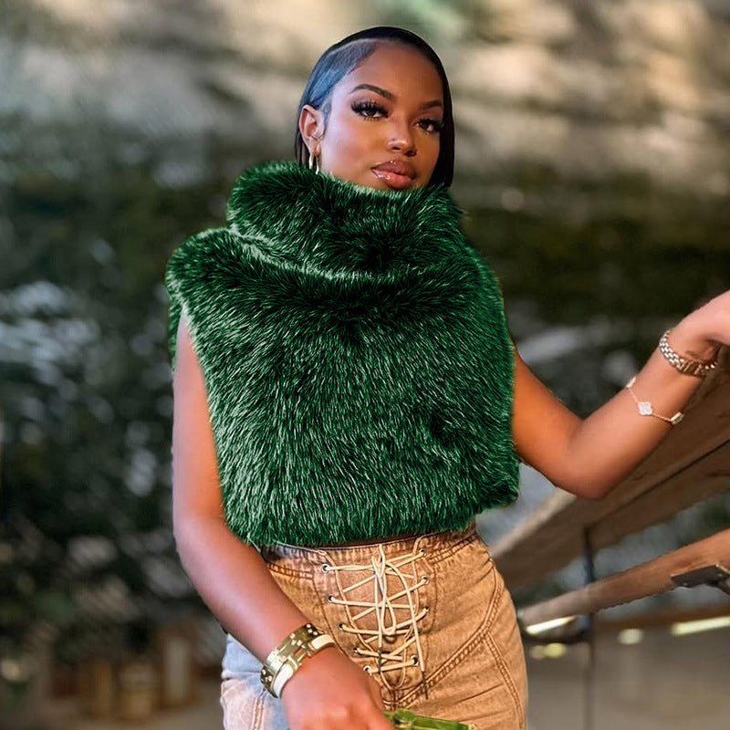 Women Fall/Winter Solid Furry Sleeveless Top