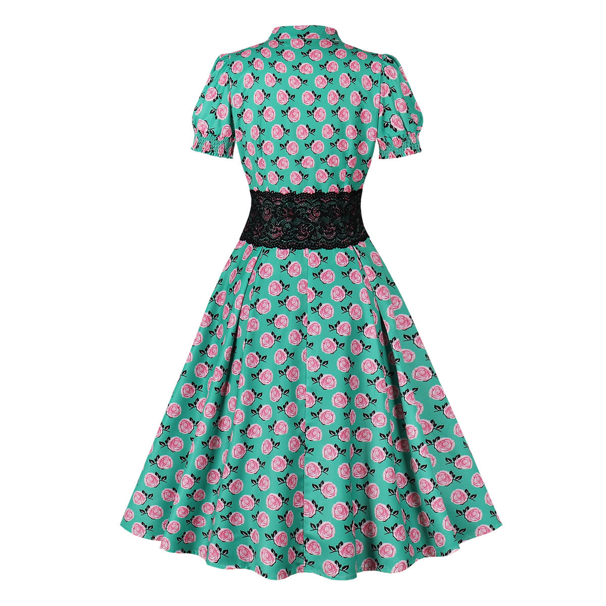 Lace Slim Waist Short Sleeve Rose Print High Waist Chic Retro Swing Dress For Women 10
