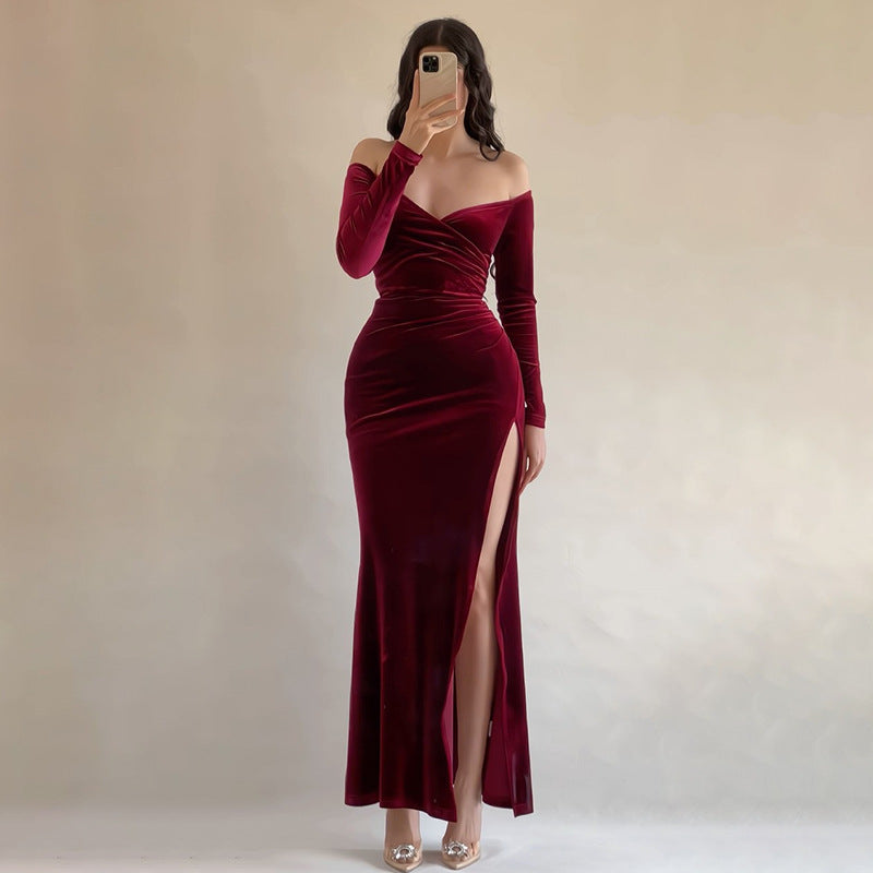 Women Off Shoulder Sexy Slit Velvet Dress 3
