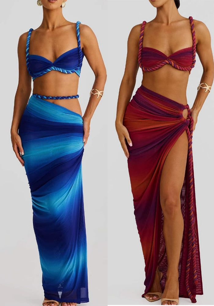 Summer Sexy Fashion Beach Braided Strap Top Slit Skirt Set