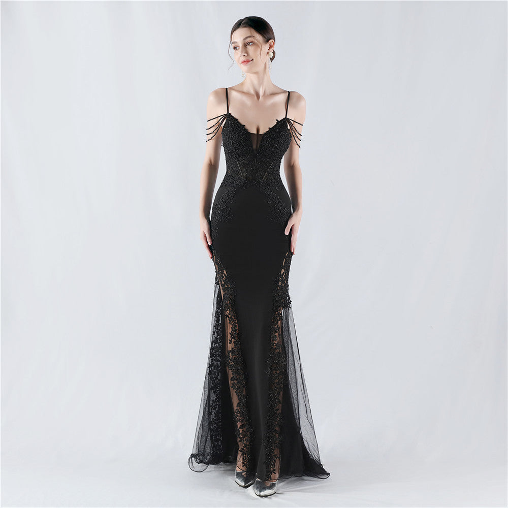 Sexy Strap Rhinestone Chain Fishbone Lace Evening Dress 4